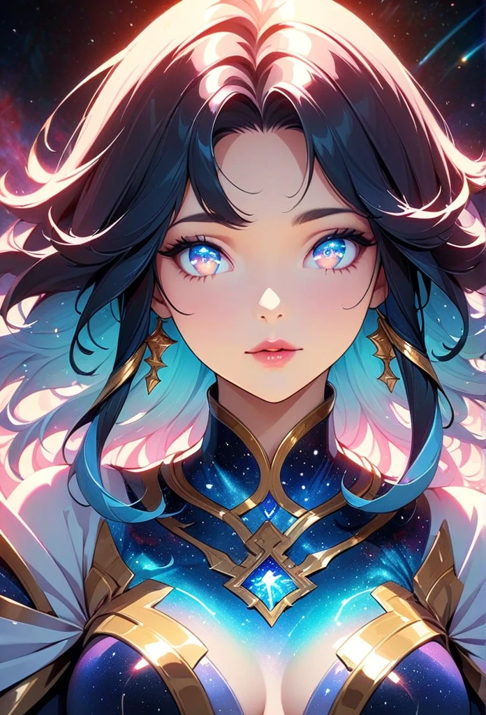(Galaxy Goddess, Astrologer woman, Stargazer), Beautiful detailed eyes, Beautiful detailed lips, Highly detailed eyes and face, Long eyelashes, Elegant robes, Dramatic lighting, Glowing galaxies, Mysterious atmosphere, Vast Universe, ((Fortune-telling dance, Random Action)), Face Close Up, Intricate details, A calming color palette, Cinematic composition, Fantasy art, Digital Art, Anime Style, Detailed digital illustration, (Highest quality, 4K, 8K, High Contrast, masterpiece, Best aesthetics).