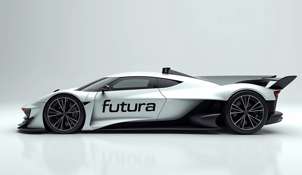 Shoot the car from, on at eye level, get 3 side views, and capture shots at 45-degree angle views of each corner of the car concept full body 150 degree to the camera view, hyper car classy model detailed symmetry, on the car there is written word: FUTURA black font, future technology inspired by formula 1 electric and fighter jet f 22, hyper realistic, pose half body to camera 35 mm 8k uhd with tunnig wide base wheels and one huge turbine in the rare center, metal silver mesh shot microscopic photography