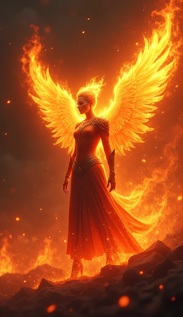 anime, a fire resembling the silhouette of a armored woman forms a phoenix, magical warrior, dramatic lighting, atmospheric, cinematic, dark fantasy, dramatic, moody, intense colors, warm colors, glowing embers, intricate details, , 8k, ultra-detailed, sharp focus, masterpiece