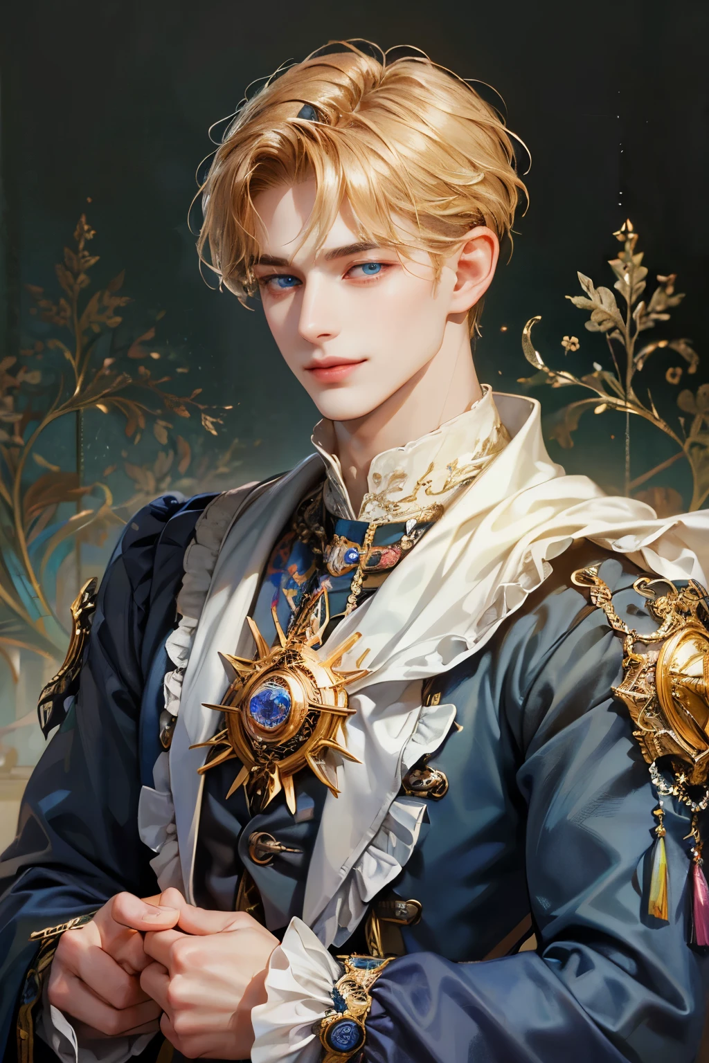 (masterpiece, top quality, best quality, beautiful and aesthetic:1.2), handsome, extreme detailed faces, (fractal art:1.3), colorful, highest detailed, (perfect face), shiny skin, HDR, cantarella, detailed background , 1 person, 20 years old, 18th century European noblemen，Duke Heir，blond，blue eyes, confidence，Leadership，Thin lips，His eyes are sharp，(white shirt)，Narrow shoulders, Smile, Sharp eyes, short hair