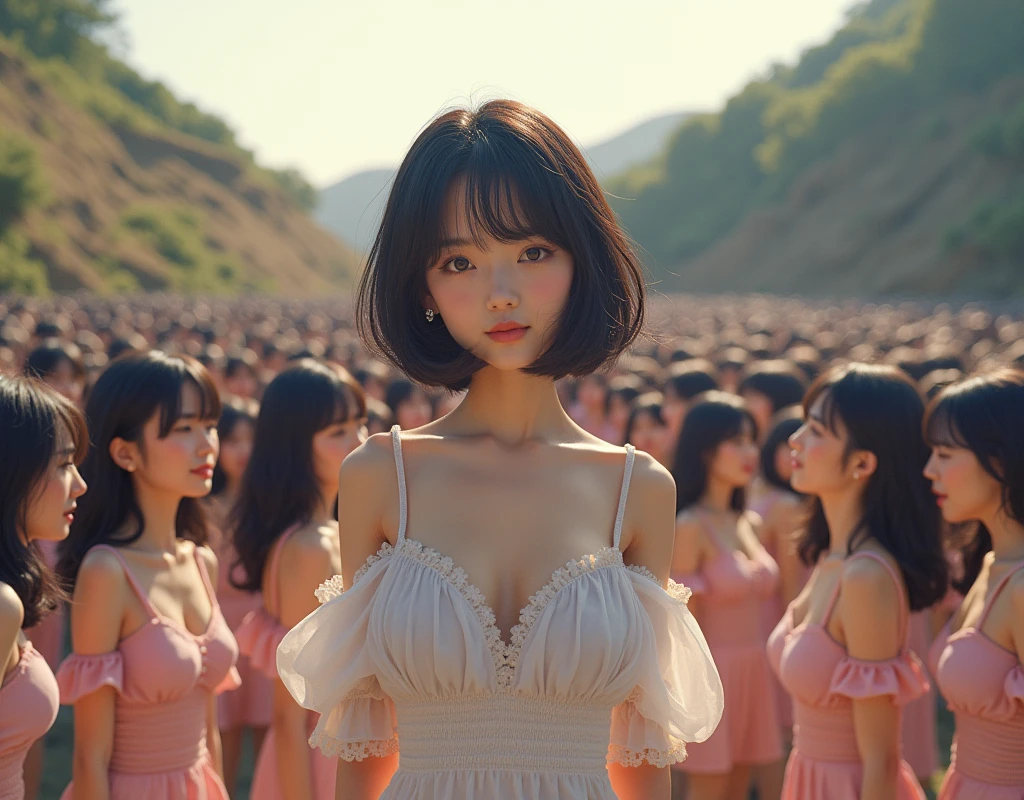 (((((Japanese Clone girls=Myself)))))), (((best masterpiece Clone girls Raw Photography Art))), (16K, Highest quality, Ultra-high resolution, RAW Photos), (((Unrealistic, Unparalleled depiction, An unbelievable sight, Unprecedented and shocking, In a world where myselves are multiplied, Ultra-realistic))), (((Japanese, woman, 20yo, Sasaki Nozomi))), (Small face, ((Thick black hair, Short Hair))), ((V-neck short-sleeve dress)), (((((Very beautiful detailed girls, Accurate body structure, Very detailed完璧な, Super busty body with very large breasts, Clearly emphasizes cleavage))))), (((Dark Eyes, Mature face, Cute Smile, A gentle gaze))), (((Very happy laughter is beautiful))), ((((((((Very detailed分身増殖描写, ((1Myself → Clone Multiplication → 1,000,000,000,000,000,000,000,000Myself)))))))))), ((((((((Very detailed, 寸分違いない緻密なMyself multiplication描写の, ((With the same perfectly MySelf body, With a face that is exactly the same as Myself, With the exact same hairstyle as Myself, In the exact same clothes as Myself, Perfectly the same height as Myself, The same super big breasts as Myself)))))))))), (((Myself only))), (((Very detailed, Myself multiplication, 1,000,000,000,000,000,000,000,000Myself→100,000,000,000,000,000,000,000,000,000,000,000,000,000,000^1,000,000,000,000,000,000Myself))), (((Very detailed, (An embrace between self, Back to Back, Myself is here!, Fun conversation with others, Happy conversation with myself, Kissing each other anywhere, Doting on Myself, Myself holding hands)))), (looking at the camera), (Sexual seduction), (((Unbelievably crowded, Close contact between transcendent selves, Countless &quot;myselves&quot; completely surround me in 360 degrees))), (Bright and soft sunlight), (((Very wide field of view, Very detailed, Detailed ultra-perspective depiction with clear depth))), (((((Curved hillside scenery))))), (((Very photographic and detailed, Myself is infinitely multiplied, filling the gaps and filling the horizon, Myself exists infinitely and it creates a fun atmosphere))), (Focus on the average value of the image)
