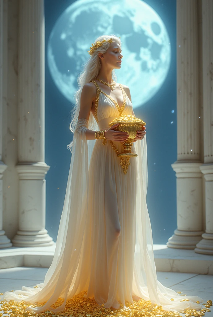 A realistic and detailed depiction of the Ascended Masters dressed in heavenly robes, They are positioned atop the towering pillars of wisdom that rise above the clouds, The pillars are adorned with ancient inscriptions and shine softly with an ethereal light, The starry sky provides a majestic backdrop, Fotografia, lente teleobjetiva, f/4, --ar 16:9 --v 5