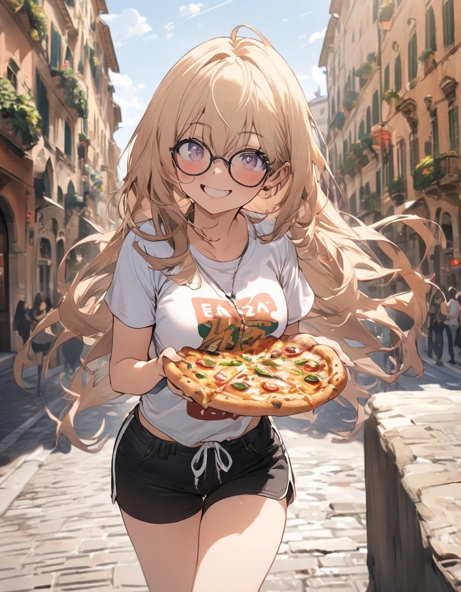 masterpiece、1 girl, long hair,T-shirt and shorts, glasses, smile, Italian city background, city of Italian, daytime, (eat pizza)
