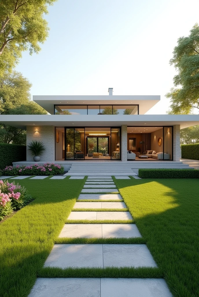 A modern minimalist home with a spacious, luxurious front yard. The facade is sleek and simple, with clean lines and a neutral color palette. The landscaping is meticulously manicured, with lush green lawns, vibrant flowers, and elegant stone pathways. The home is bathed in soft, warm sunlight, creating a sense of tranquility and sophistication. The ultra-realistic details, including the intricate brickwork, the shimmering glass windows, and the perfectly sculpted hedges, make the scene come alive. The cinematic composition, with the home positioned in the center of the frame and the expansive yard extending out towards the horizon, creates a sense of grandeur and scale. The 8k resolution ensures that every detail, from the delicate patterns in the stonework to the individual blades of grass, is captured with breathtaking clarity. This is a picture of luxury and refinement, a testament to the power of minimalist design.