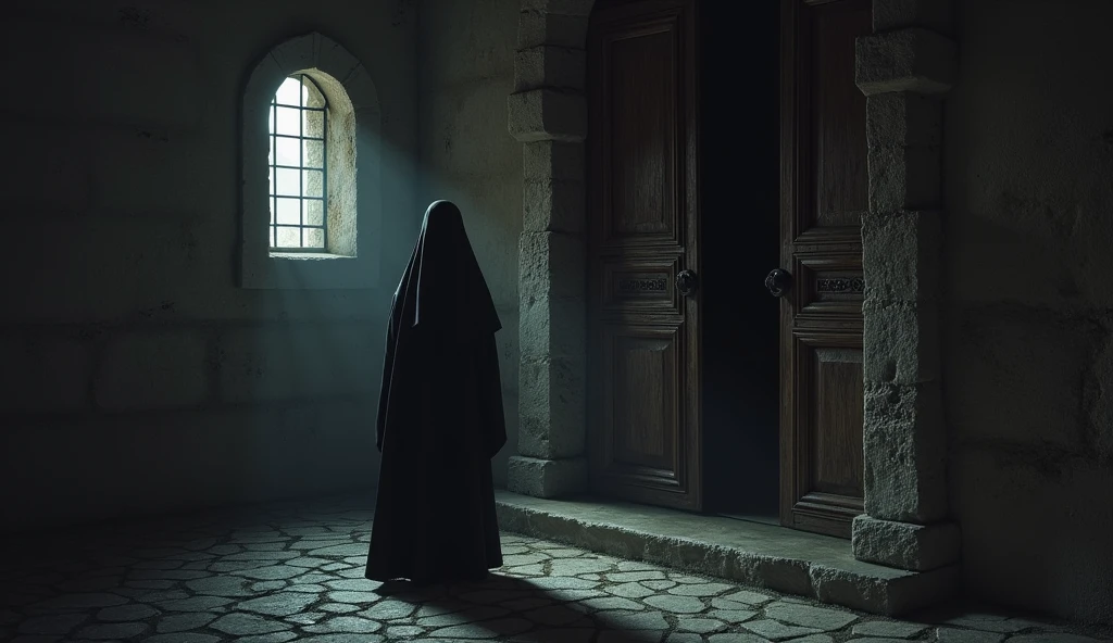 A dimly lit room inside an ancient monastery, with the Nun of Monza standing by a large, ornate wooden door, slightly ajar. She is dressed in a traditional nun's habit, her expression tense and secretive, as if she is hiding something. Shadows play across the stone walls, and faint moonlight filters through a small, barred window