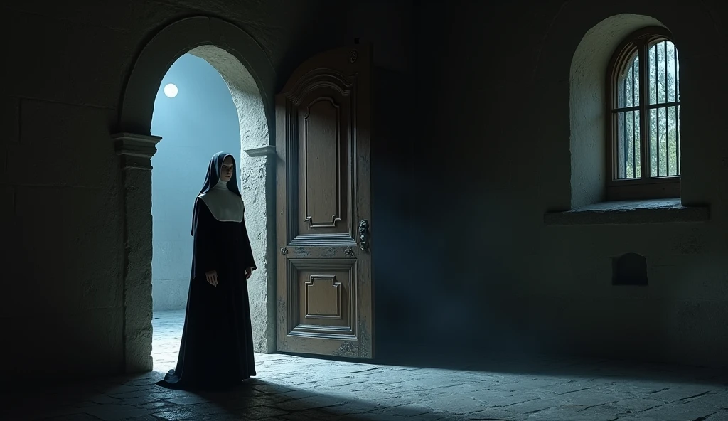 A dimly lit room inside an ancient monastery, with the Nun of Monza standing by a large, ornate wooden door, slightly ajar. She is dressed in a traditional nun's habit, her expression tense and secretive, as if she is hiding something. Shadows play across the stone walls, and faint moonlight filters through a small, barred window