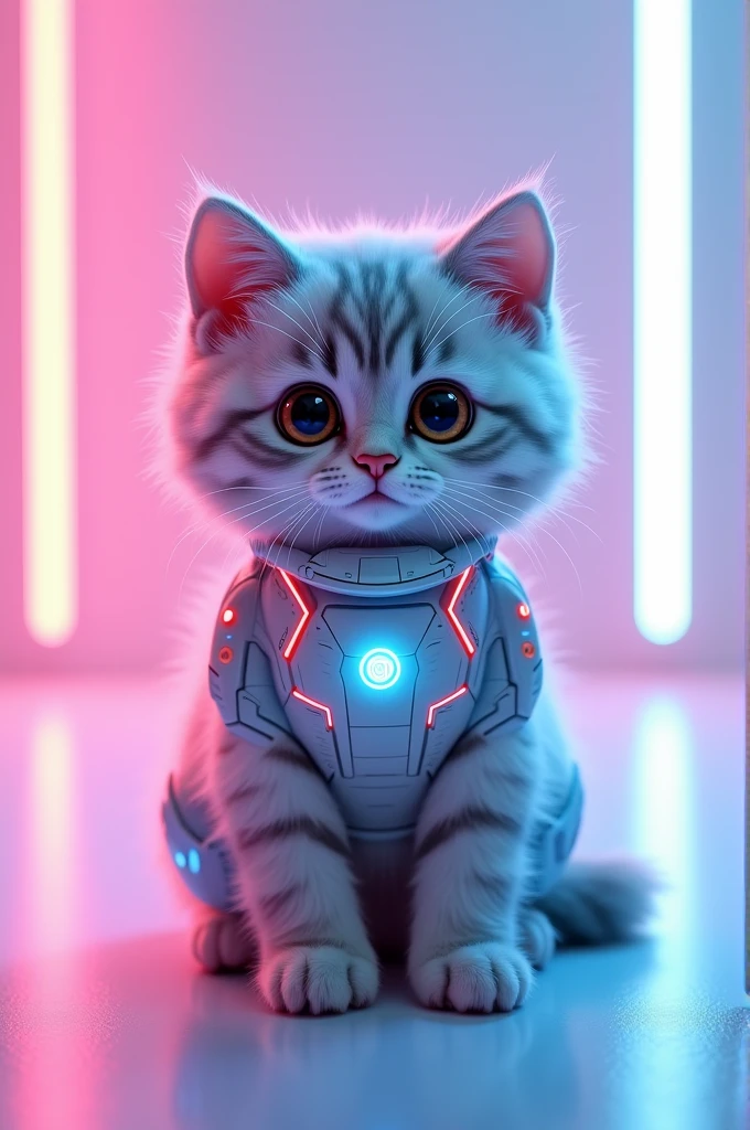 Cute cat with futuristic costume in white neon light room