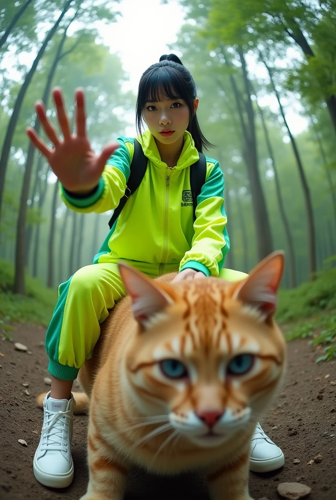 Full-body photo of a korean young woman holding out his hand fucking to present a hand with short ponitail black hair, blue eyes, riding a big giant a cat on the floor in a cool pose. Strong wide angle photography effect. She is dressed in an electric-yellow and green tracksuit and wears high-top white sneakers. She is isolated against a light forest background and gestures a card to the camera in front of her. professional photography, sharp focus, intricate details, wide angle, fisheye --ar 39:64 --v 6.1