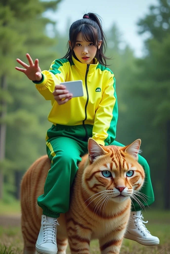 Full-body photo of a korean young woman holding out his hand fucking to present a hand with short ponitail black hair, blue eyes, riding a big giant a cat on the floor in a cool pose. Strong wide angle photography effect. She is dressed in an electric-yellow and green tracksuit and wears high-top white sneakers. She is isolated against a light forest background and gestures a card to the camera in front of her. professional photography, sharp focus, intricate details, wide angle, fisheye --ar 39:64 --v 6.1