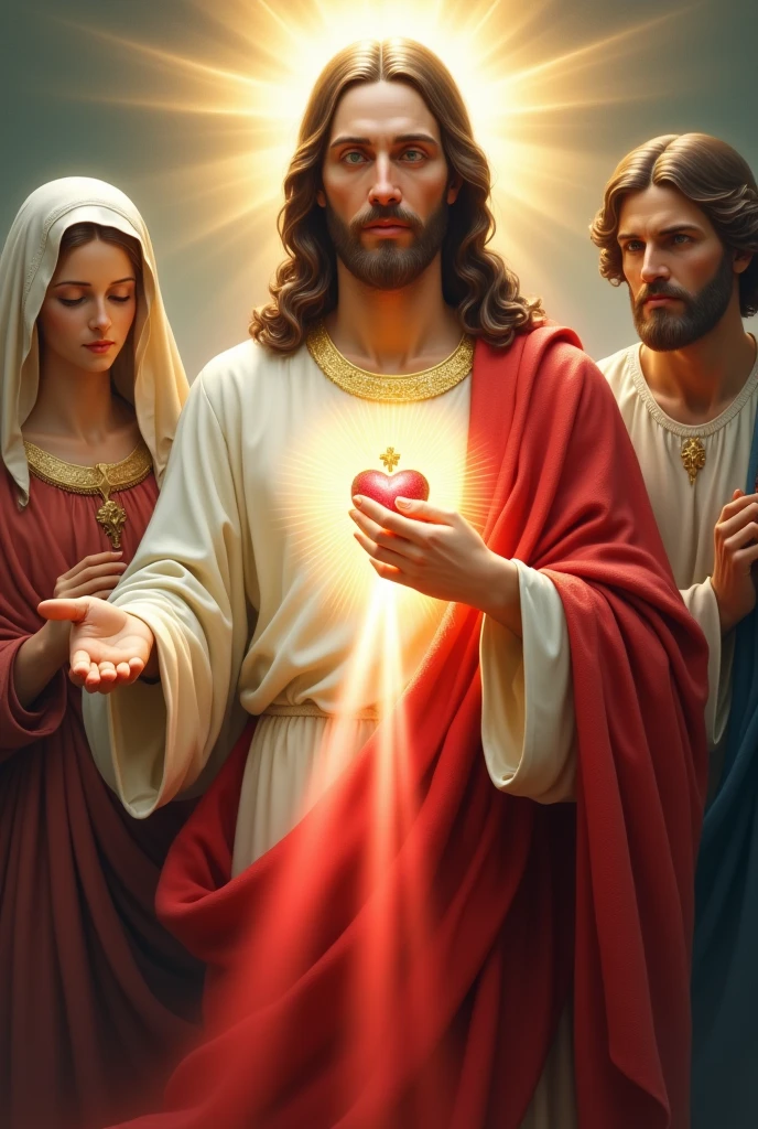 (photorealism:1.2) Jesus divine mercy with red and white rays with nail marks on hand, our mother of perpetual help, saint Joseph