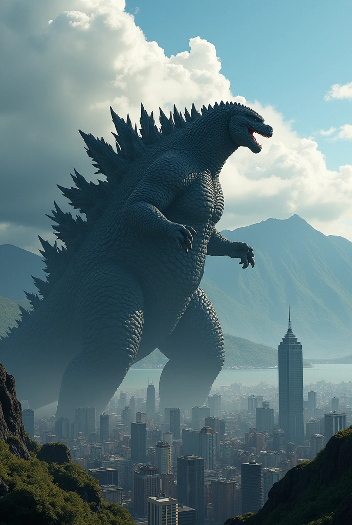 The image is a digital illustration of Godzilla, the King of the Monsters, standing on top of a mountain with a cityscape in the background. Godzilla is a large, muscular creature with sharp spikes on its head and body. It is facing towards the right side of the city with its mouth open and its eyes focused on something in the distance. The cityscape below is filled with tall buildings and skyscrapers, and there is a body of water visible in the top right corner. The sky is dark and cloudy, and the mountains are covered in greenery. 