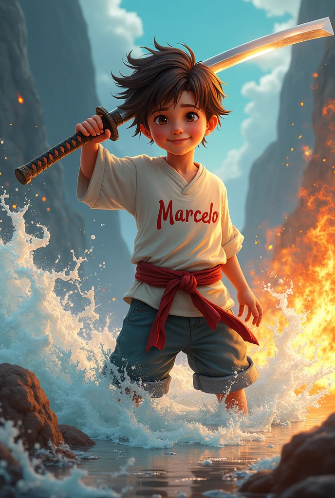 Smiling boy holding his katana , with water and flames around brown hair , on your shirt it says Marcelo