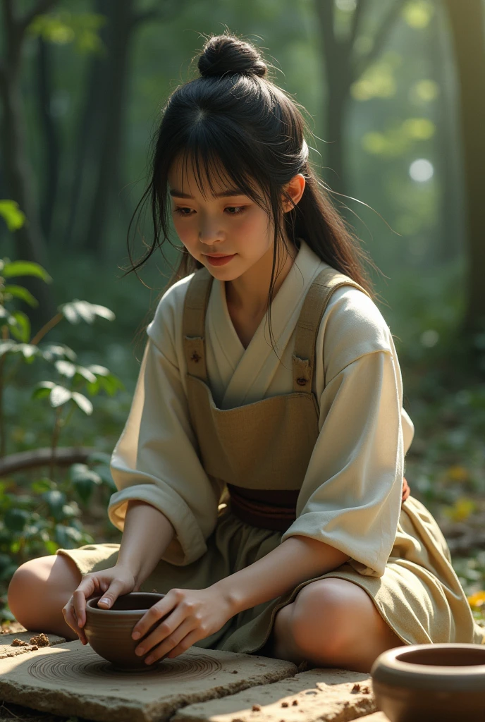 (8k, RAW photo, best quality, masterpiece), (photorealistic), outstanding details, ultra-high resolution, anatomically correct, textured skin, (Extremely precise and accurate anatomy), Ultra Detailed Face, Detailed Eyes, A girl sitting and making ancient Jomon-style pottery, (Cute Japanese girl, 20 years old), light smile, cinematic lighting in the hair, hair light, wind in the hair, A square in the forest., (backlighting), reflection light from below, atmospheric perspective, depth of field, (dramatic lighting), cinematic lighting,