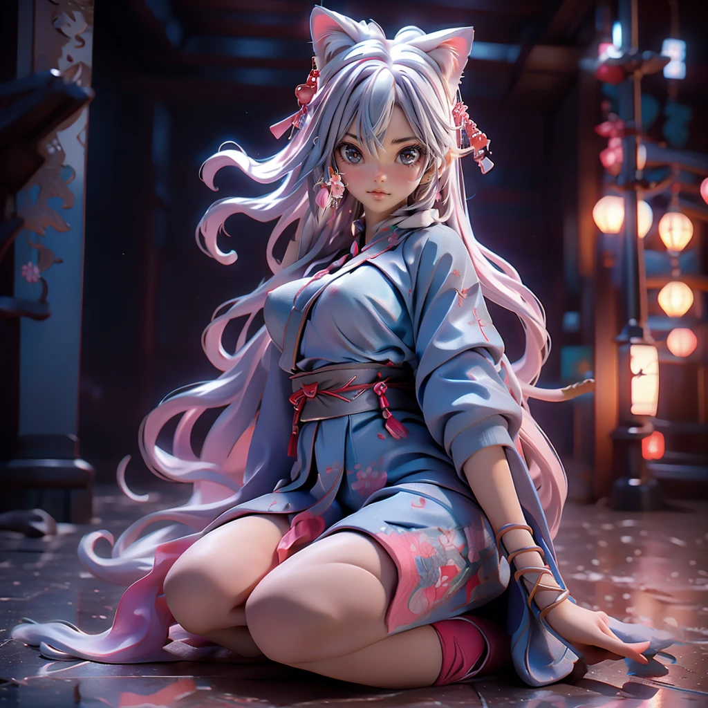 Moisturized Skin, (blue eyes), Realistic body, (Adult female body), Energetic,3DCG, front, High angle,Pink lipstick, (Beautiful belly button), (Silver Hair), ((Cat ear)), Beautiful Hair, (Samurai Armor: 1.3), ((masterpiece + Highest quality + High resolution + Very detailed)), (whole body: 1.2), Landing,Bend, Spread your legs out to the sides, Place your right hand on the ground, Carrying a Japan sword on your back