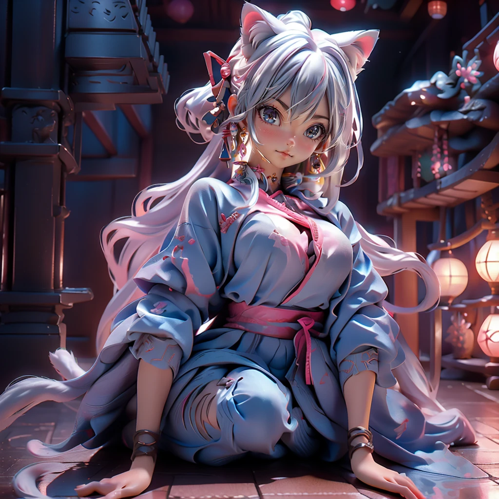 Moisturized Skin, (blue eyes), Realistic body, (Adult female body), Energetic,3DCG, front, High angle,Pink lipstick, (Beautiful belly button), (Silver Hair), ((Cat ear)), Beautiful Hair, (Samurai Armor: 1.3), ((masterpiece + Highest quality + High resolution + Very detailed)), (whole body: 1.2), Landing,Bend, Spread your legs out to the sides, Place your right hand on the ground, Carrying a Japan sword on your back
