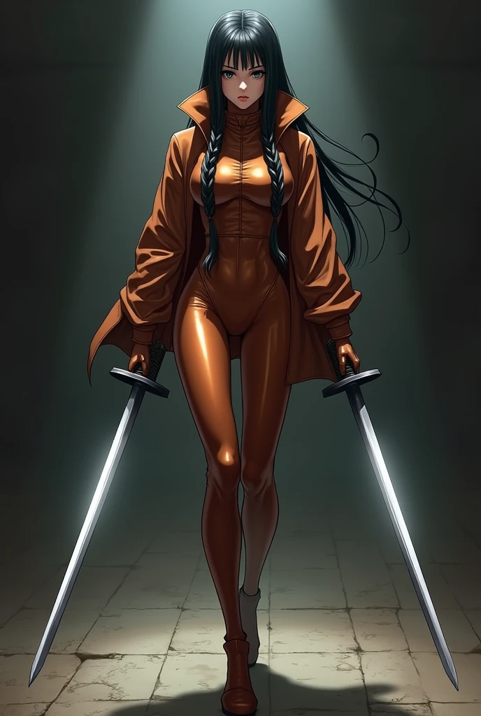 The image is anime style with shadows and dim lights, anime style although somewhat adult and dark, It shows a female android in a copper-colored suit., who , She has straight black braided hair, with a face that shows determination, as he walks taking two twin swords in his hands. He has black eyes, She is beautiful and shows a disgusted expression.. Has strong and robust thighs, Her feet are also covered in the suit