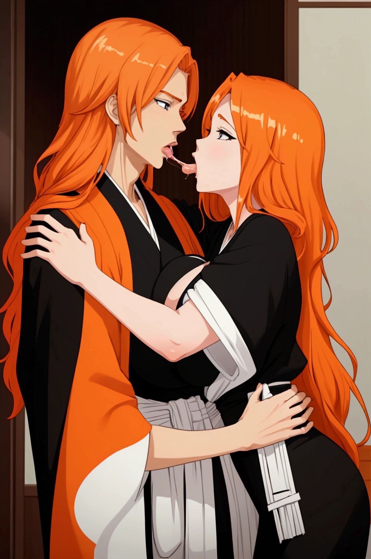 masterpiece, Best Quality, Matsumoto Rankiku, tall woman, long orange hair, black kimono, waist, neckline, wad of bills, big breasts, close up, Upper part of the body, shiny skin, Hugging, boy, sucking tits, size difference,