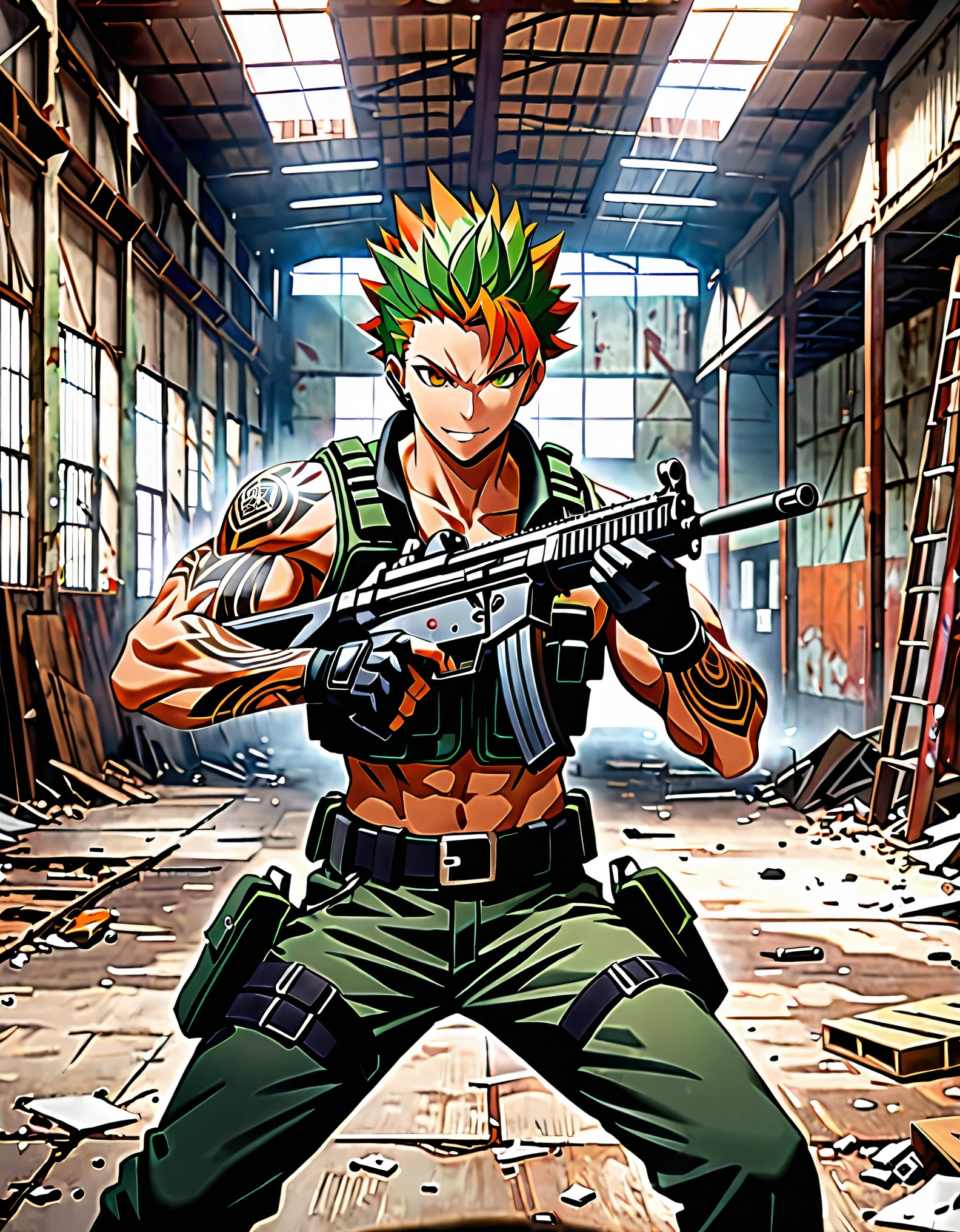best quality, super detail, masterpiece, photography, scene: spacious abandoned warehouse, theme: mercenary, character: male gunslinger, appearance: muscular build, orange hair, green hair, spiky hair, short hair, brown eyes, action: fighting stance, facial expression : smirk, holding a
Heckler & Koch MP5, assault vest, mafia sports tattoos, cybernetic enhancements in arms, perspective: 4K.
