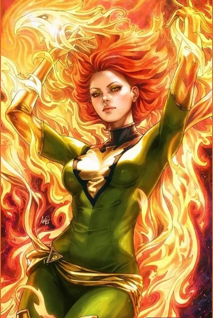 1girl, comics style, long red hair, golden torso, green bodysuit, yellow thigh-high boots, long yellow gloves, yellow belt, flaming phoenix