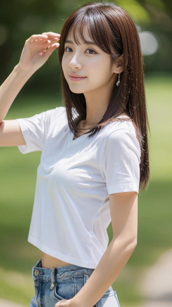 neat college girl、(white t-shirts、The skirt is dark blue、shortsleeves)、Outside the field、(Slimed)、Photorealsitic、detaileds, Skin Texture, ultra-detailliert、Delicate and sexy collarbone、A smile、Super Detailed Face、Detailed lips、A detailed eye、二重まぶた、tiny chest、Smaller chest、small tit、Small、flat breast、Chest emphasis、Delicate body