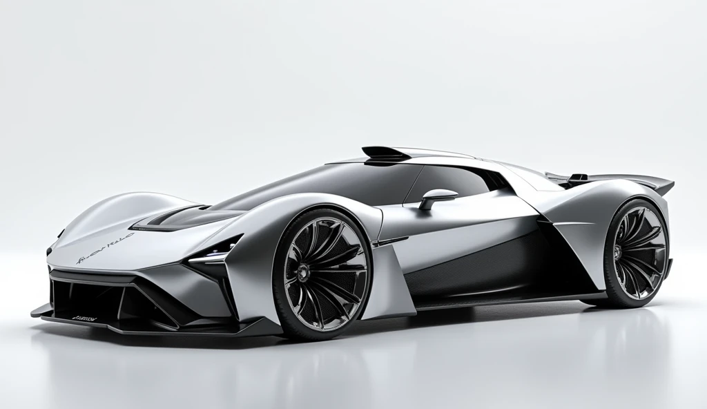 Shoot the car from, on at eye level, get 3 side views, and capture shots at 45-degree angle views of each corner of the car concept full body 150 degree to the camera view, hyper car classy model detailed symmetry, on the car there is written word: FUTURA black font, future technology inspired by formula 1 electric and fighter jet f 22, hyper realistic, pose half body to camera 35 mm 8k uhd with tunnig wide base wheels and one huge turbine in the rare center, metal silver mesh shot microscopic photography