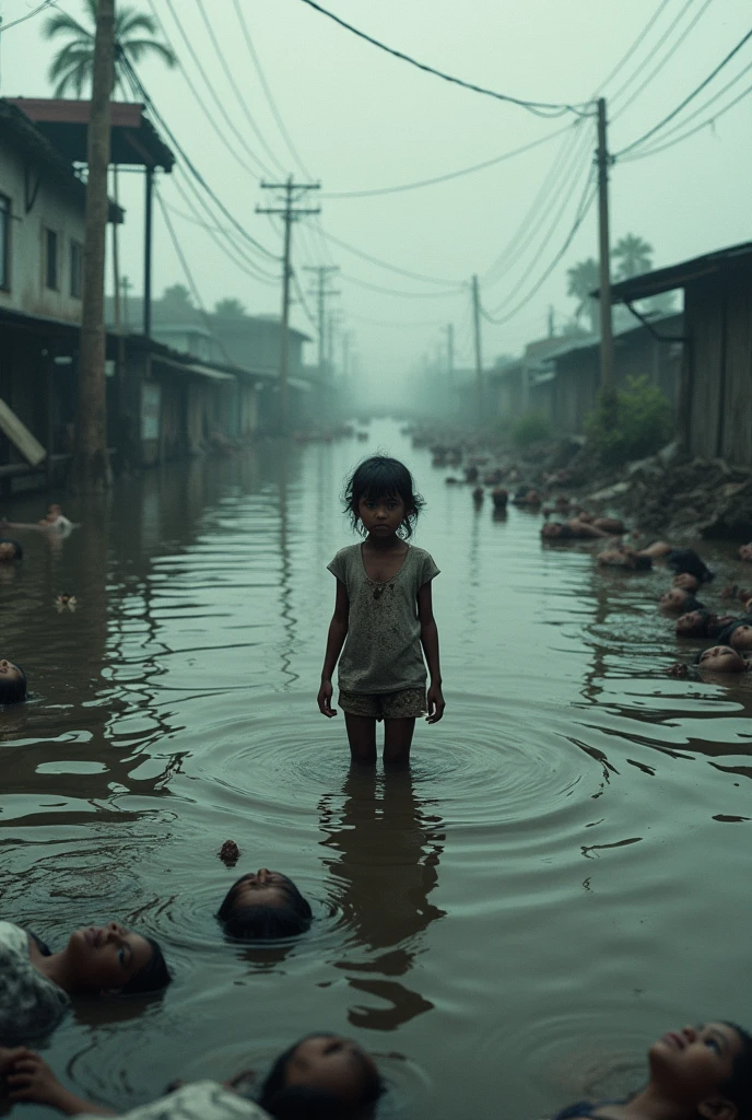 A Bangladeshi child in water up to her belly, surrounded by the floating bodies of children, youths, elderly people, and women. Houses, livestock, and birds are also floating in the water.