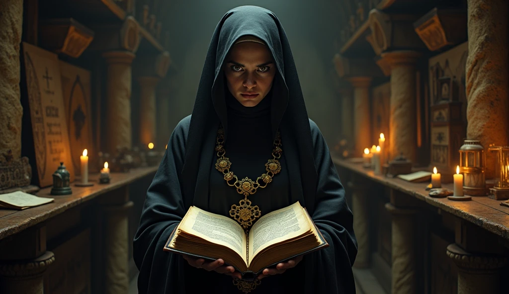 The Nun of Monza holding a mysterious, ancient book in a candle-lit chamber. The room is filled with religious relics, old manuscripts, and hidden compartments. Her face is partly obscured by the shadows, and she has a look of both fear and determination, as if guarding a dark secret