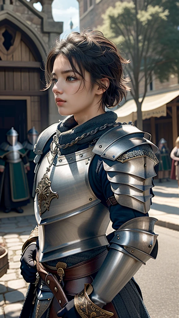 (masterpiece, Highest quality),  Intricate details,
 One person, guard,  town guard, armor, Scapula, Chain Mail, Ramparts, Holding a sword
 