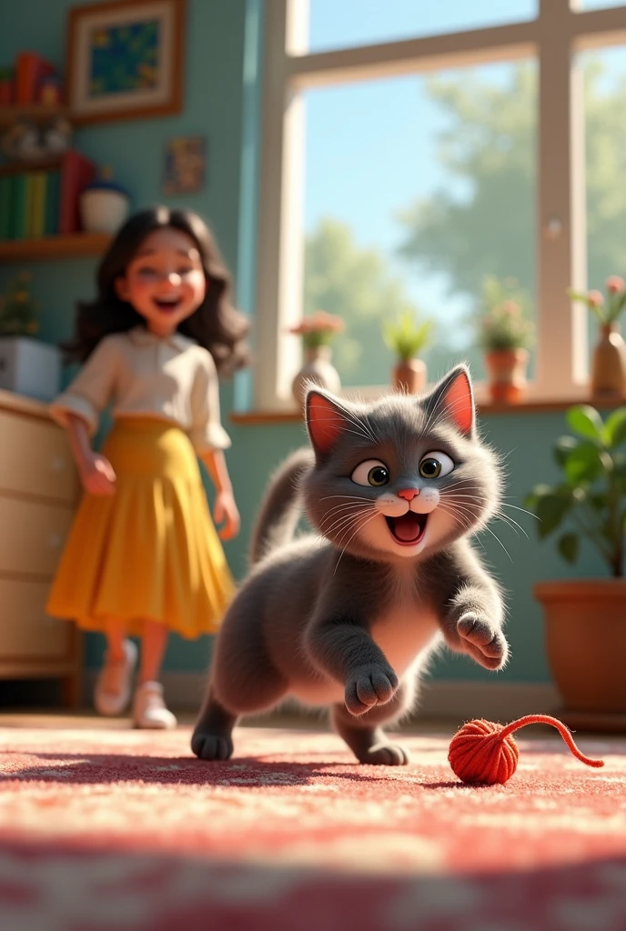With a 3d Pixar Animation, A playful gray tabby cat chasing a ball of yarn in a bright, cheerful room. The  laughs and plays along, with a feeling of happiness and belonging in the air.
Add the  wearing a yellow skirt laughing with the cat