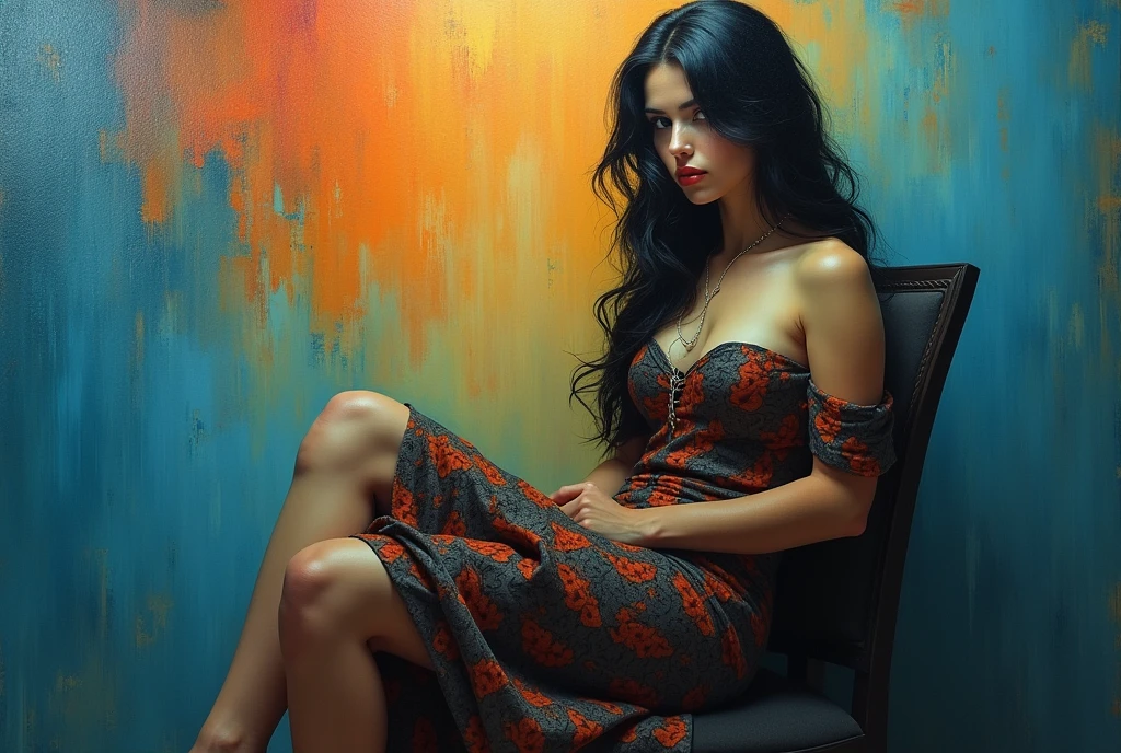 A medium shot painting that masterfully combines (realism and abstract art:1.4). The centerpiece is a striking and enigmatic woman with (dark hair:1.3) wearing a (patterned dress:1.2). She sits gracefully on a chair with her legs crossed, exuding (elegance and mystery:1.3). Break, The background is a harmonious blend of (blue and orange hues:1.5), skillfully complementing the colors in her attire and accentuating her features. These colors are applied with (a mix of soft and bold brushstrokes:1.2) to create a (dynamic interplay of light and shadow:1.4), adding depth and texture to the composition. Break, The subject's (facial features are detailed and expressive), conveying an enigmatic allure that captures the viewer's attention. Her (pose is poised yet relaxed), offering a sense of serenity amidst the vibrant color scheme. Break, The painting's composition focuses on (balance and contrast), ensuring that the viewer's gaze is drawn naturally toward the subject while enjoying the abstract elements of the background. Break, The overall atmosphere is a (breathtaking masterpiece:1.5) that evokes both wonder and contemplation, inviting the viewer to engage with its (sophisticated blend of artistic styles). Additional elements include subtle (hints of texture in the dress) that add realism without detracting from the abstract qualities of the painting.
