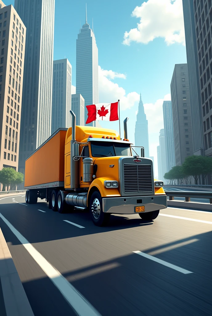 Canadian truck in yellow colour on long road with load and canada flag in downtown