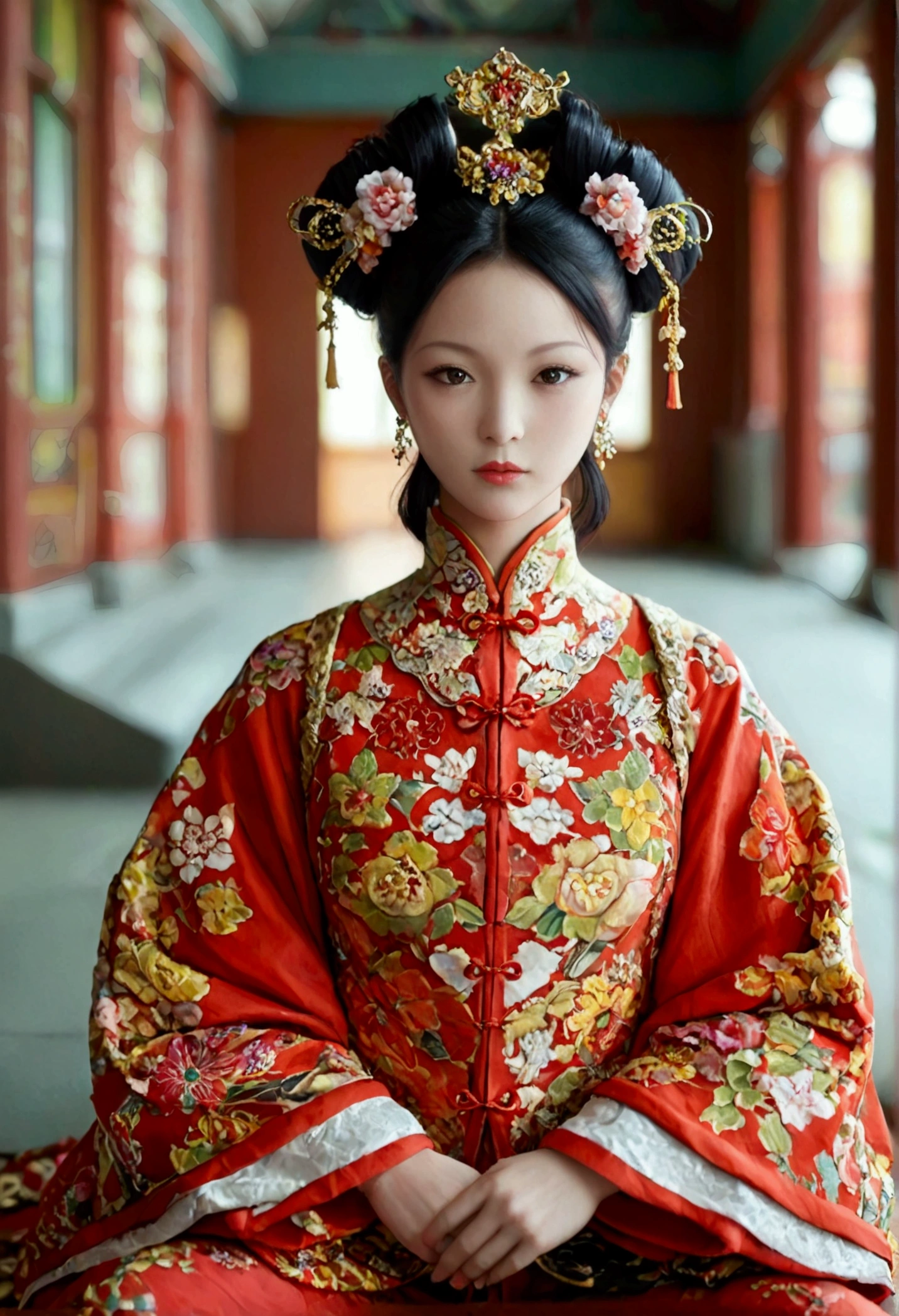 Female emperors of the Qing Dynasty, A naked woman wearing a red floral patterned Hanfu jacket, crouching with her legs open, seen from the front, Outside the Qing Dynasty Palace