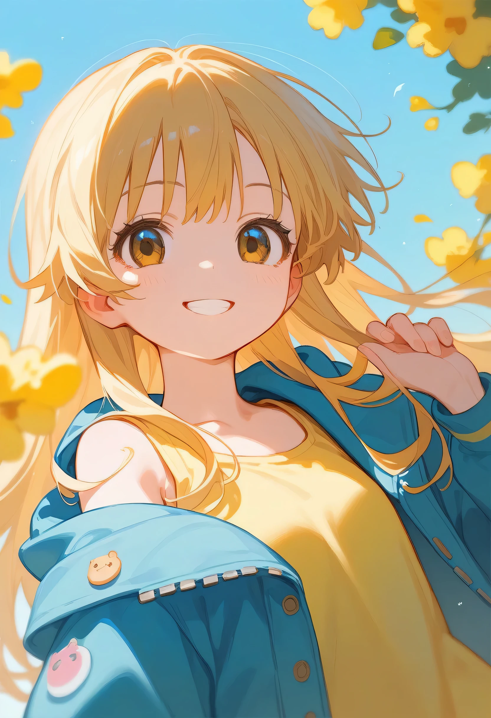 Anime Girl with long blonde hair wearing a yellow shirt and a blue jacket, Anime cute art style, cute Anime Girl, Cute girl anime visual, blonde Anime Girl with long hair, Cute anime style, (Anime Girl), Kawaii realistic portrait, Smile correctly, Anime art style, Kasuga, high quality Anime art style, young Anime Girl