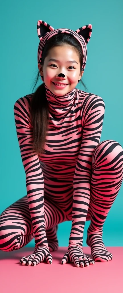 the beautiful,slender thin and clever Malaysian muslimah adult female girl with beautiful cheeks wears margay print lycra turtleneck unitard catsuit covered with seamless spots and always wear margay print lycra elastane stretchy dance wear hijab covered with seamless spots.She is very super beautiful.