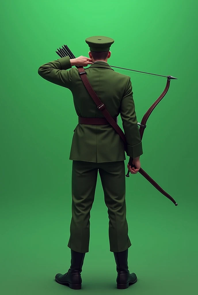Standing soldier aiming with bow and arrow in hand , male, Green uniform , Hat on the head , full rear viewed,plain green screen background