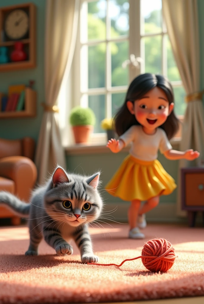 With a 3d Pixar Animation, A playful gray tabby cat chasing a ball of yarn in a bright, cheerful room. The laughs and plays along, with a feeling of happiness and belonging in the air.
Add the wearing a yellow skirt laughing with the cat