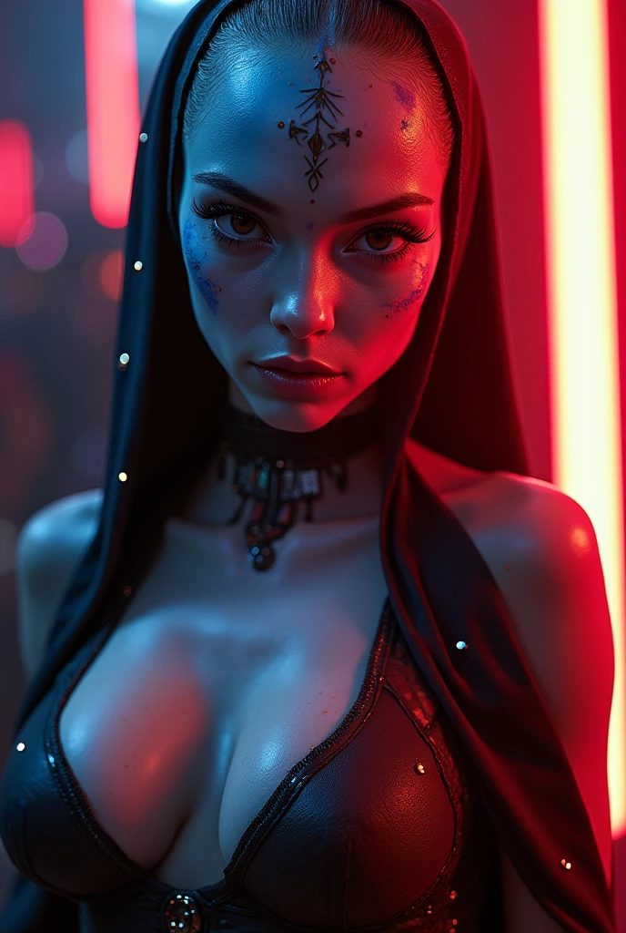 a sexy female twi'lek,beautiful detailed eyes,beautiful detailed lips,extremely detailed face and skin,long eyelashes,revealing outfit,submissive expression,alluring pose,intricate details,hyper realistic,photorealistic,high quality,masterpiece,cinematic lighting,vibrant colors