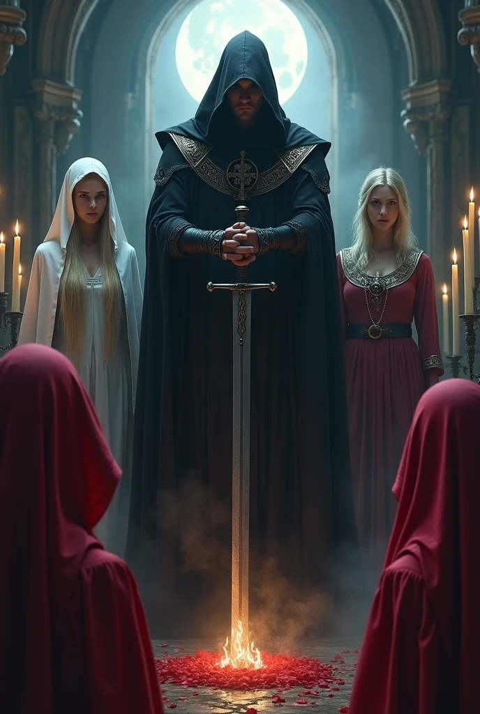 Cult of lilith, a man with black hood holding a sword, a blonde witch with white hood , candles, the half moon, and several beautiful woman with red hood knee on the floor, viking runes symbols in his hoods