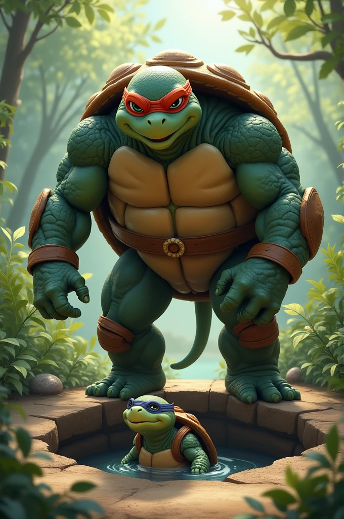 An tortoise wearing a  gym outfit and having bulked body with broad chest and doing chest press exercise in relistic but animated jungle 