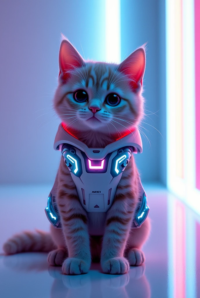 Cute cat with futuristic costume in white neon light room