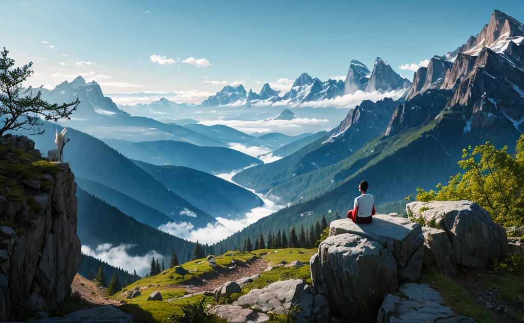 A person meditating on a mountain under a big leaf raining weather beautiful landscape water fall animals calmly looking at him epic view looks so amazing