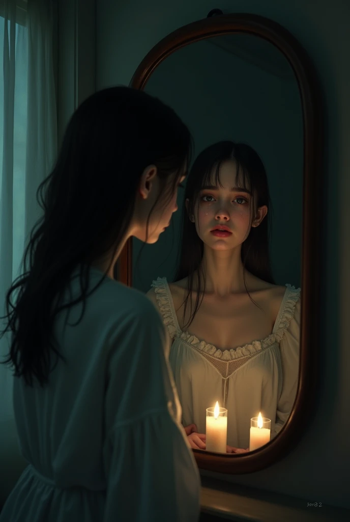 a girl who crying to front a mirror in the dark room
Another one