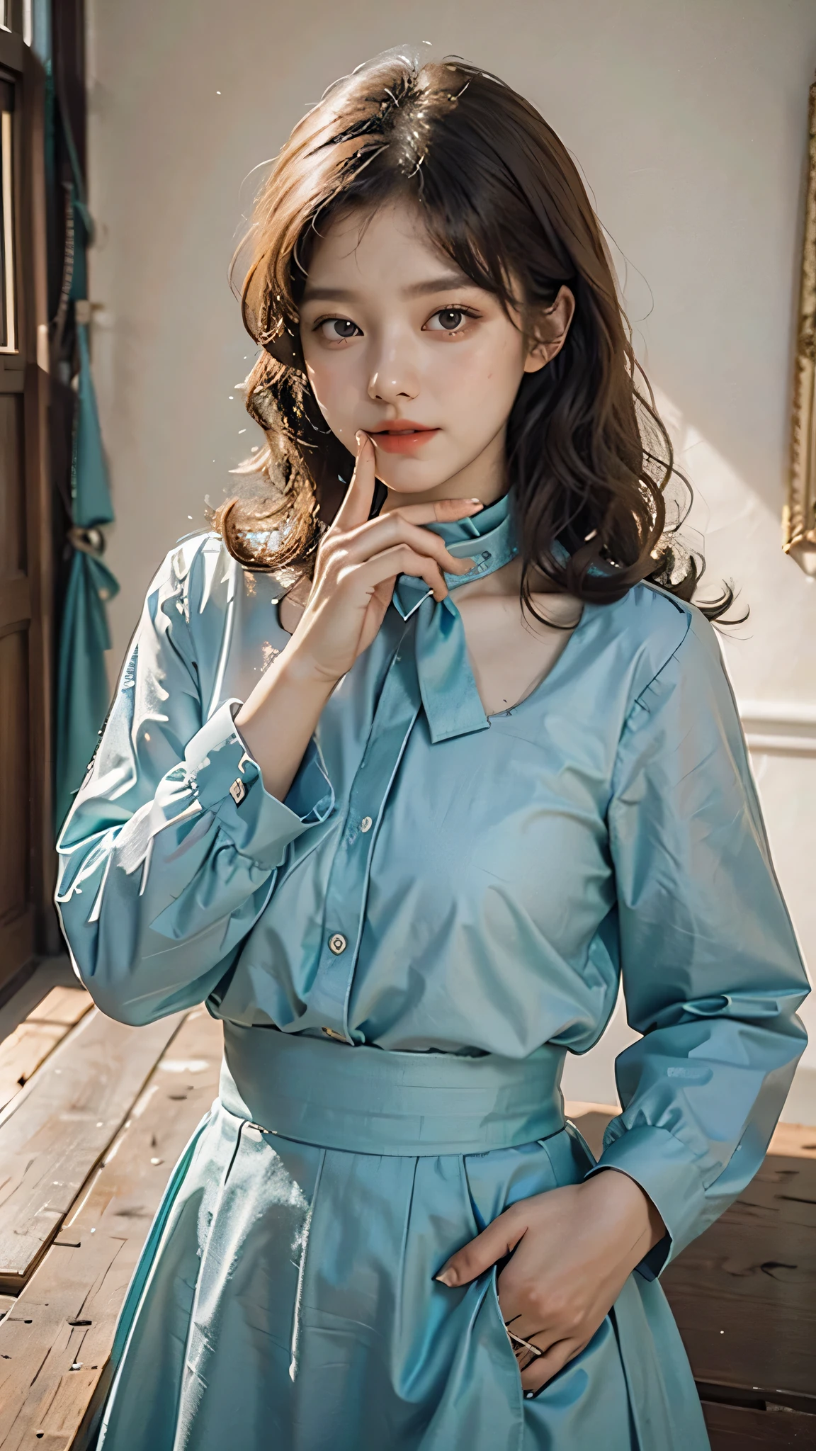 detailed background, masterpiece, best quality, 1 person , curly hair, long hair, purple eyes, star in eye , turquoise blouse, long skirt, cute different poses, indoor wood furniture ,light wood color,, upper body , collar design