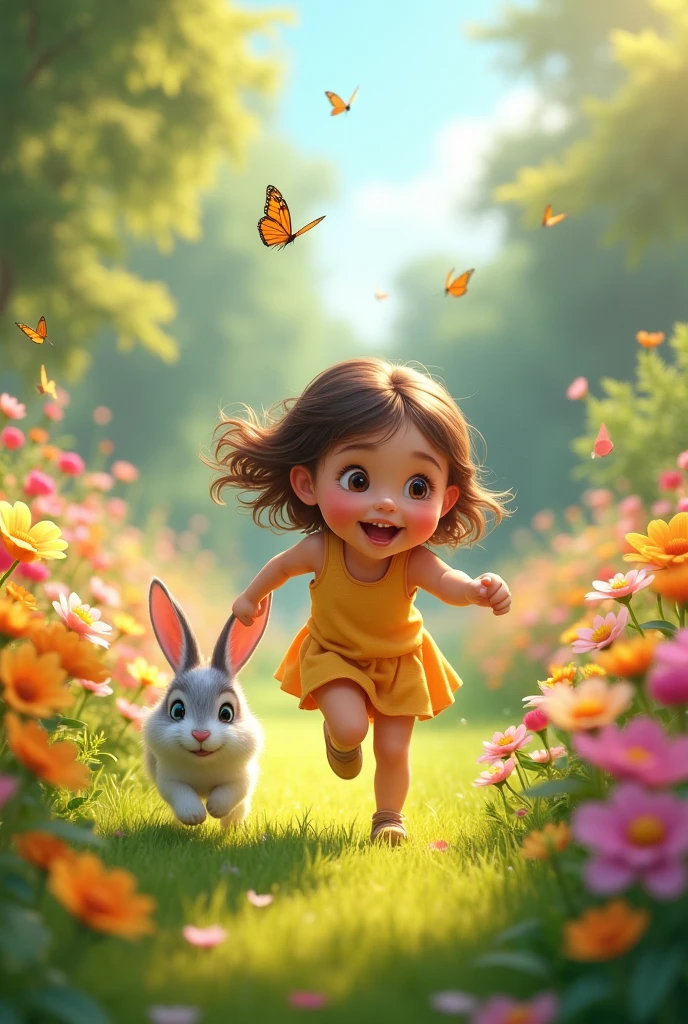 Sara and the rabbit playing together in the garden, running and having fun among flowers and butterflies