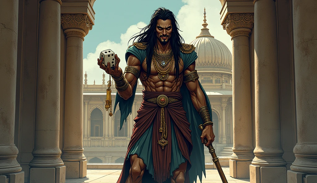 Face: Shakuni has a sharp, angular face with high cheekbones. His expression is often cold and calculating, with a thin, sinister smile. One of his eyes is clouded and half-closed, while the other is sharp and piercing.
Hair: His hair is long, black, and slightly disheveled, often tied back, with a few loose strands framing his face.
Clothing: He wears traditional royal attire in dark, muted colors, like deep purples and blacks, with intricate gold embroidery. His robes have an aged and worn look, adding to his menacing presence.
Body: Shakuni’s body is slightly hunched, with a noticeable limp due to his twisted, broken legs. He walks with the aid of a simple wooden cane or staff. His hands are often shown holding bone dice, symbolizing his cunning nature.
Accessories: He may wear a few gold rings, and a thin gold chain around his neck, with a dark gemstone pendant. His overall look should suggest both nobility and something sinister.
Expression: His expression should alternate between a mask of loyalty and hidden malice, emphasizing his duplicitous nature.
In comic style 
Shakuni, with a cold and determined expression, limps through the grand gates of Hastinapura. His twisted legs and clouded eye add to his menacing aura, while he holds the bone dice in one hand. The majestic palace looms in the background, symbolizing the empire he plans to destroy from within.