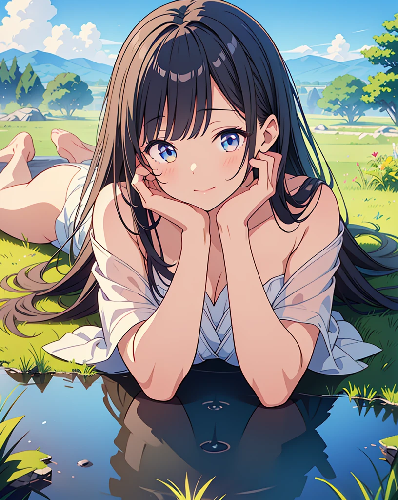 ((masterpiece)), ((best quality)), (1girl, solo:1.4), from side, profile of grin, cute teenage young girl, pale brown hair, (exposed naked small breast), (naked beautiful nipples), ((lie down on back)), beautiful detailed eyes, vivid, cloudy sky, flower, anemone, (daffodil), (hyacinth), falling petals, picnic, kissing face, (undressing loose tunic), landscape, horizon,