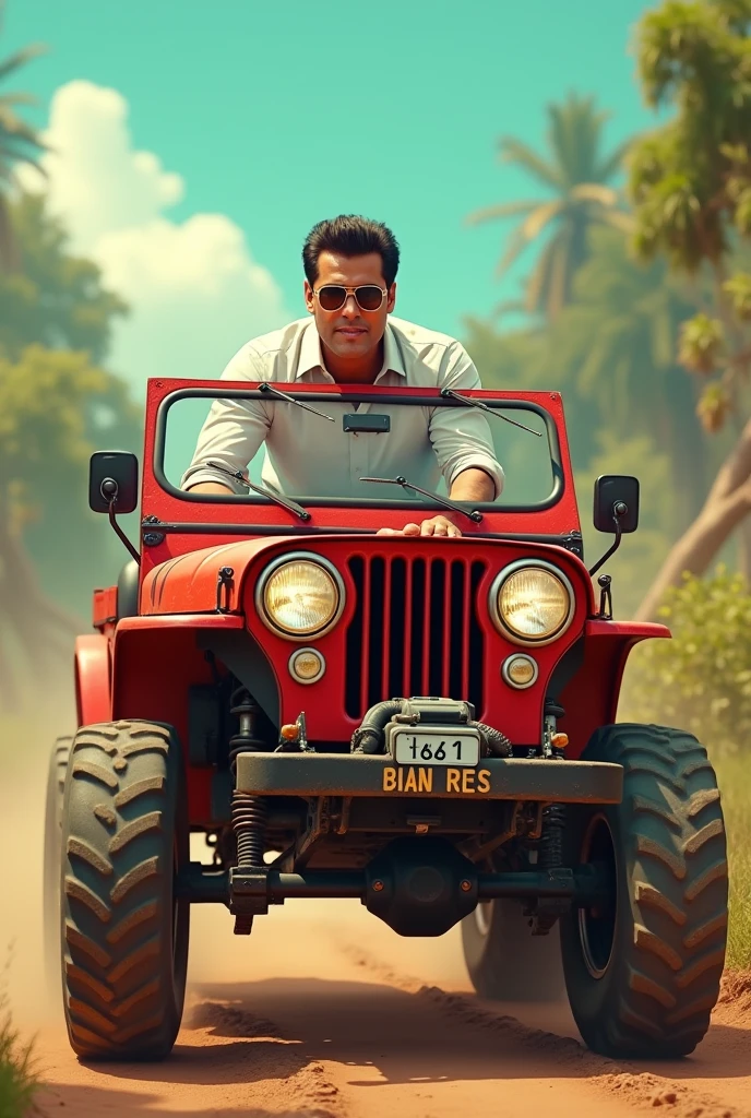 Create a Bollywood actor Salman Khan image in with driving jeep in funny images 