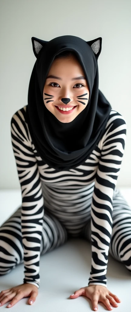 The beautiful asian muslumah adult girl with beautiful cheeks wears plains zebra print lycra turtleneck unitard catsuit covered with stripes and plains zebra print lycra elastane stretchy dancewear 100% stretchy hijab covered with stripes.She is happy to crawl.She always put fake cat whsikers and nose that are made of black makeup marker pen.