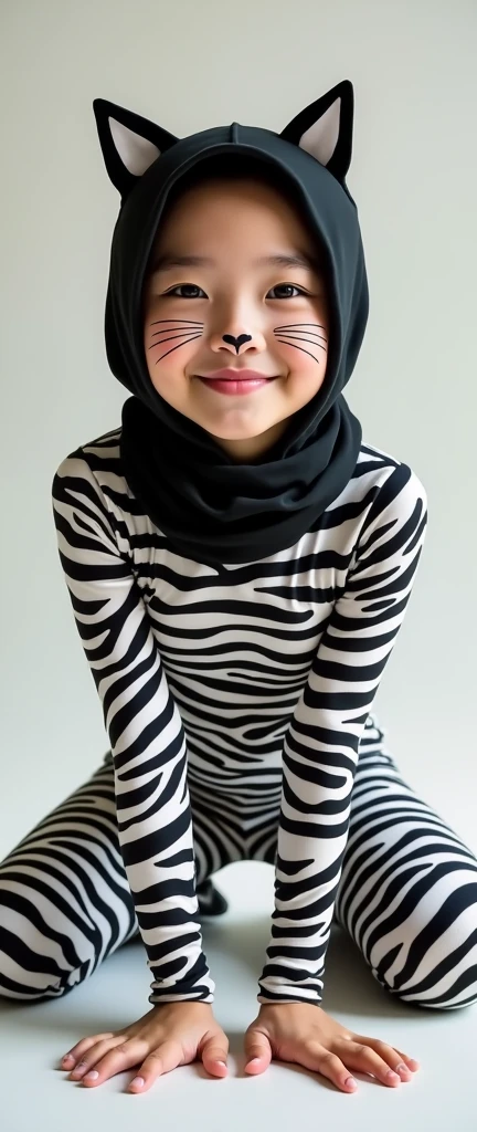 The beautiful Chinese asian adult girl with beautiful cheeks wears plains zebra print lycra turtleneck unitard catsuit covered with stripes and zebra print lycra elastane stretchy dancewear hijab-like 100% stretchy zentai hood.She is happy to crawl.She always put fake cat whsikers and nose that are made of black makeup marker pen.
