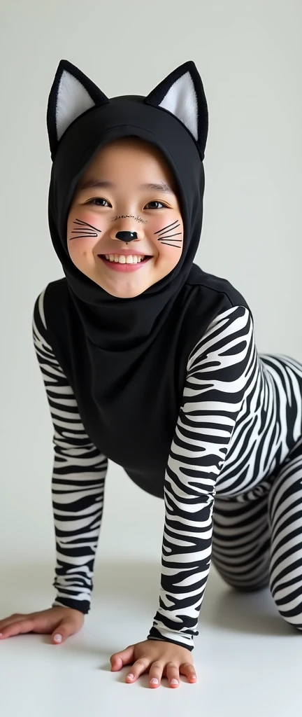 The beautiful Chinese asian adult girl with beautiful cheeks wears plains zebra print lycra turtleneck unitard catsuit covered with stripes and zebra print lycra elastane stretchy dancewear hijab-like 100% stretchy zentai hood.She is happy to crawl.She always put fake cat whsikers and nose that are made of black makeup marker pen.
